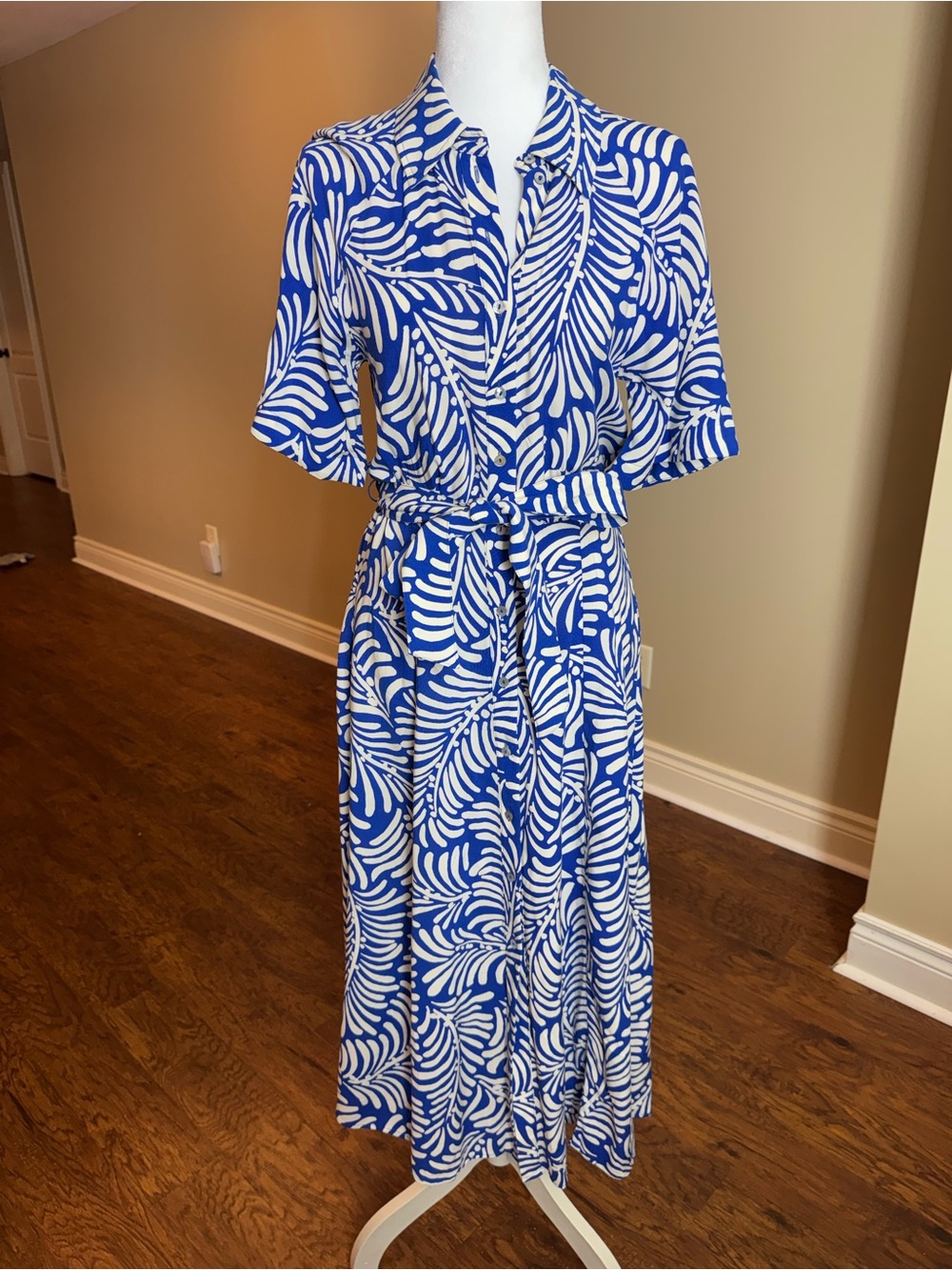 H&M Blue and White Midi Shirt Dress with Belt